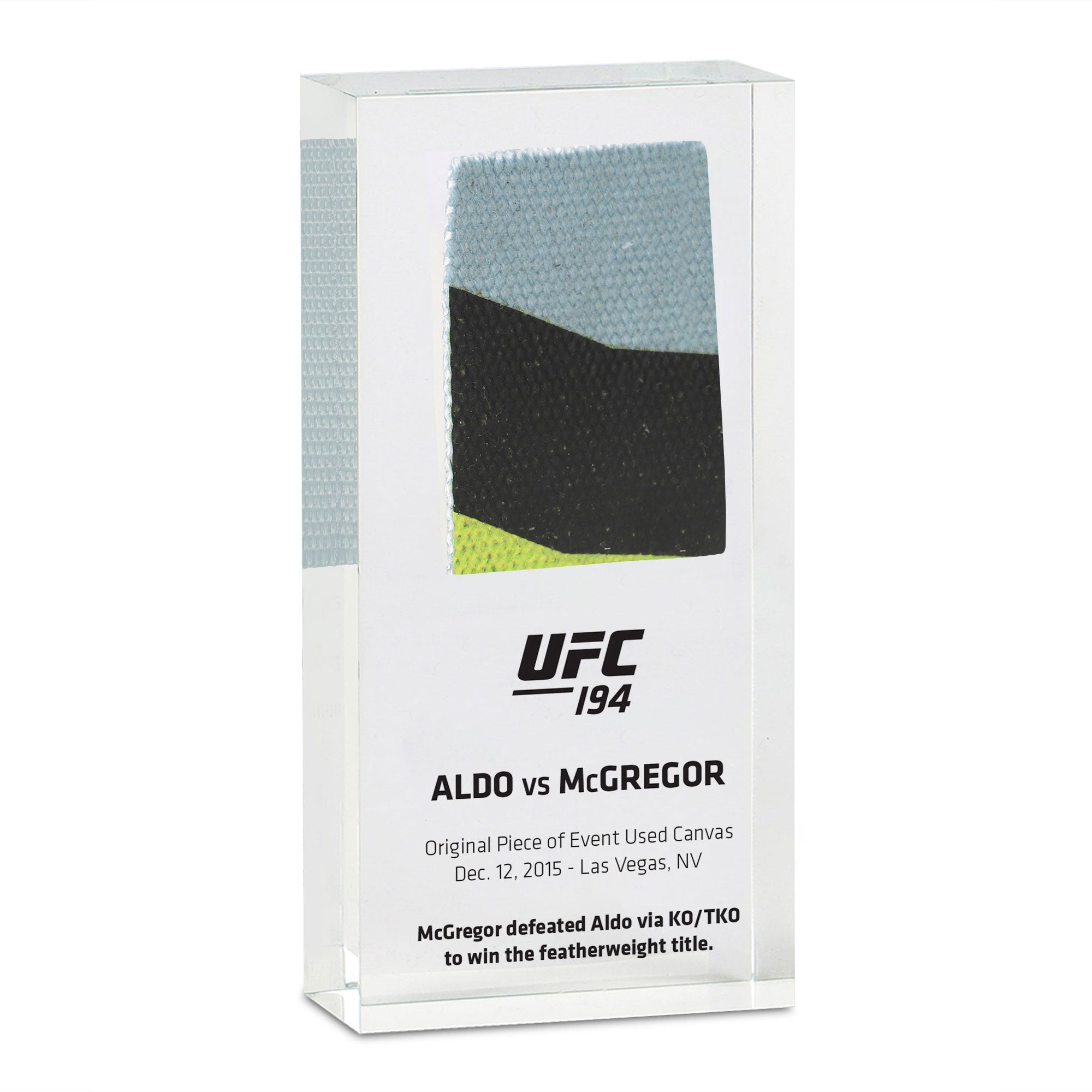 Canvas from the Jose Aldo vs Conor McGregor event encased in acrylic