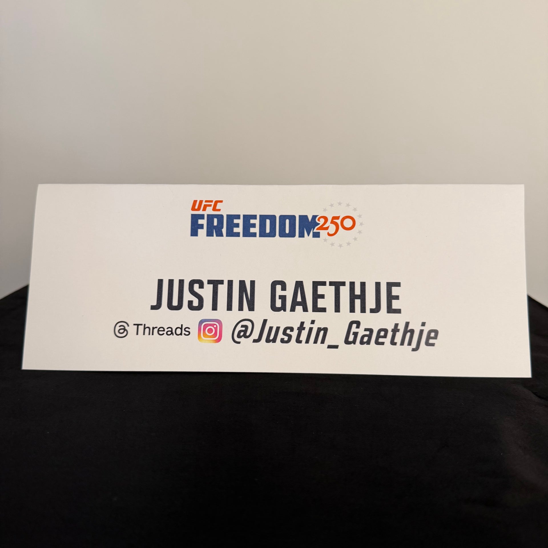 Justin Gaethje Press Conference Name Card UFC Freedom 250: Topuria vs Gaethje