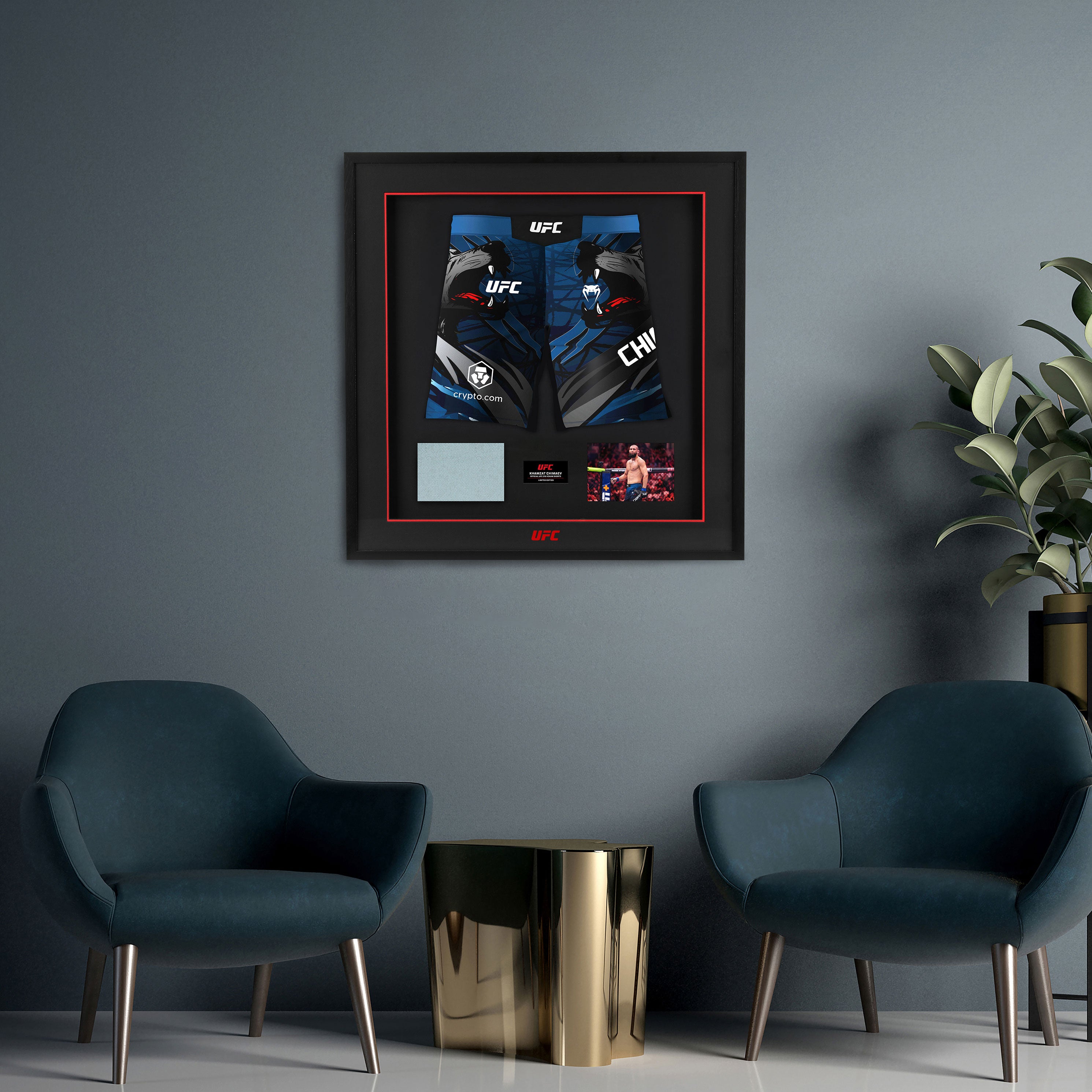 Khamzat Chimaev UFC 319 Canvas & Limited Edition Venum Shorts Display